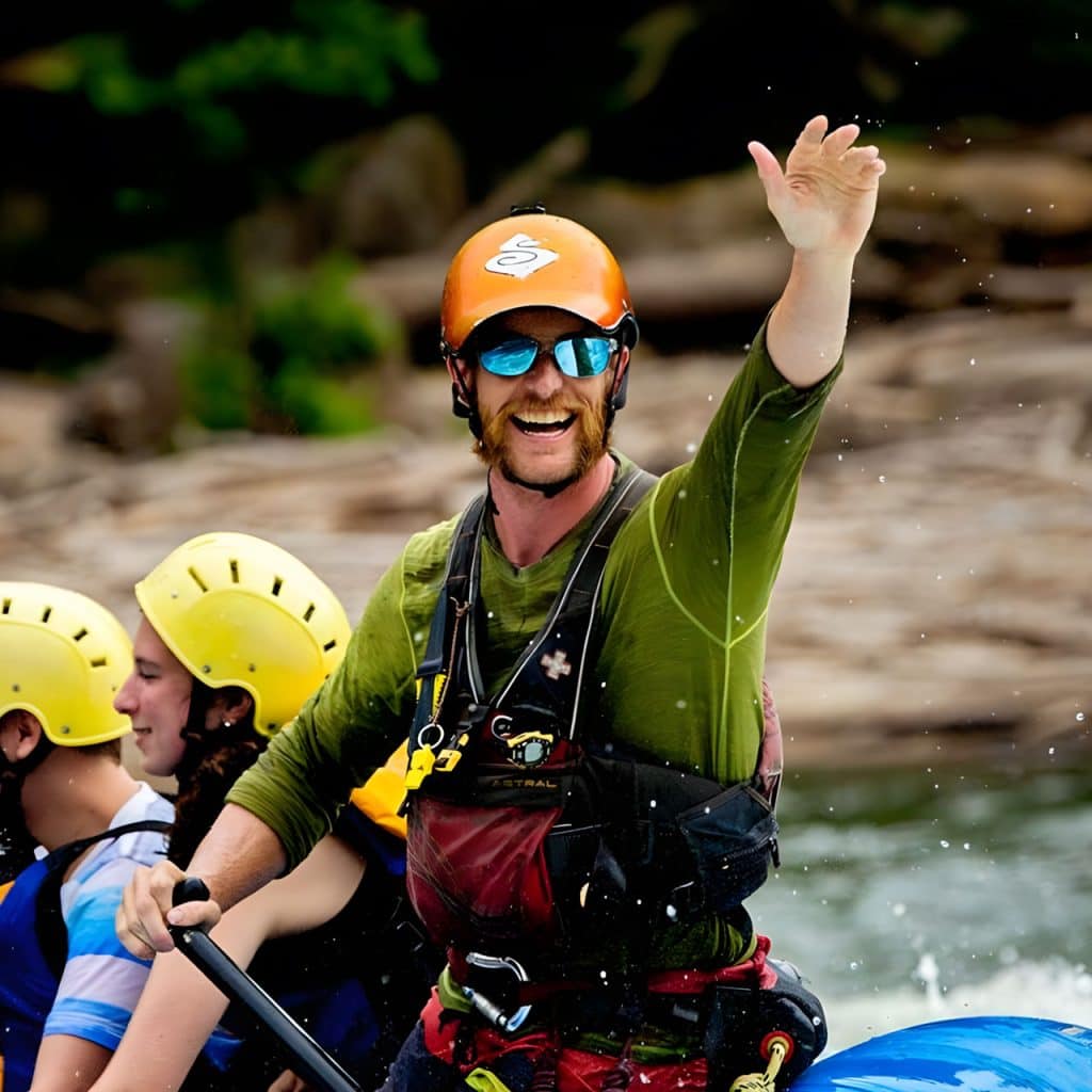 Man smiling and waving during outdoor water activity with team.